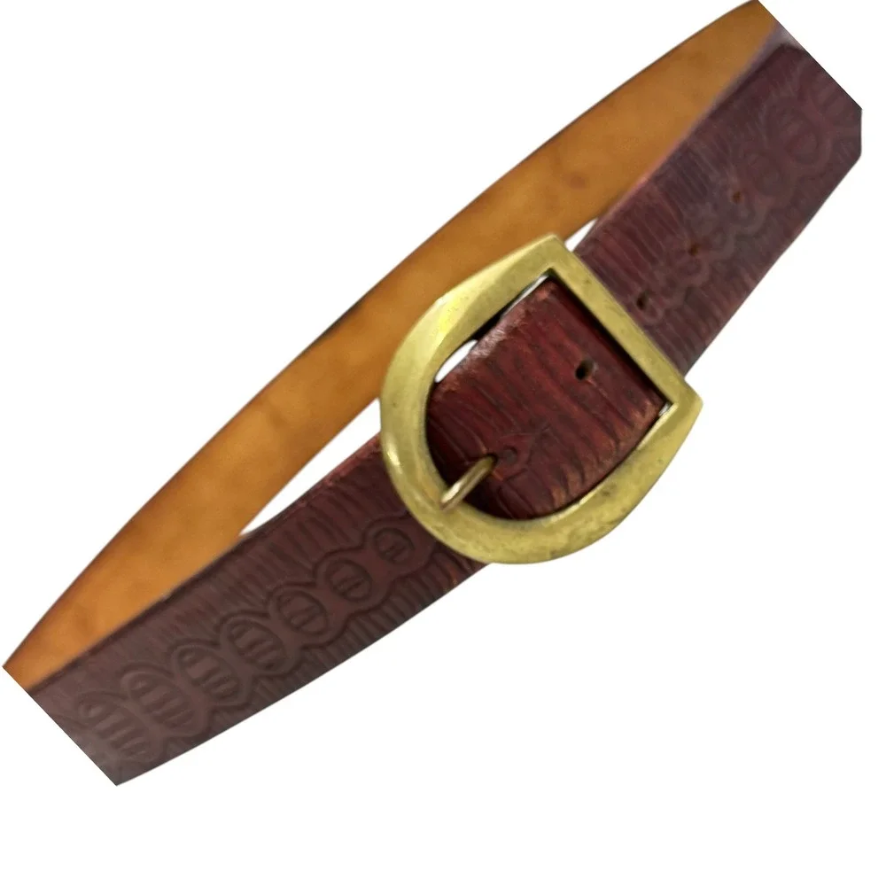 Vintage Womens Leather Brown Red Belt Hand Tooled Circles Brass Buckle 32